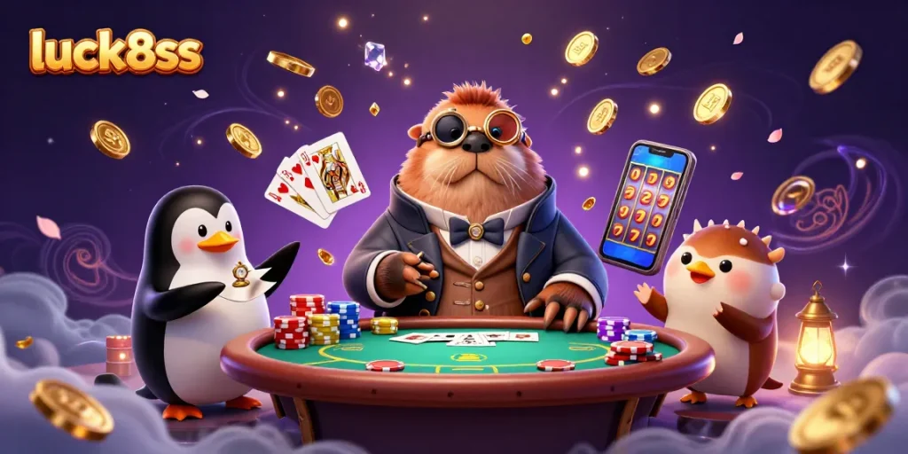 Experience luck8ss with jolly walrus and friends at an underwater poker table.