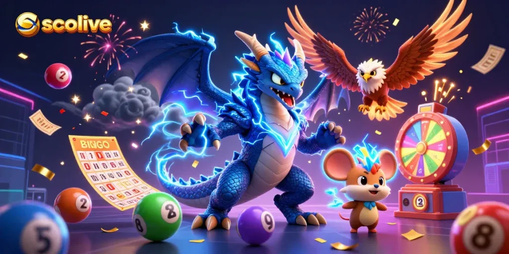 Socolive enhances excitement with vibrant symbols and dynamic gaming characters in a rich 3D scene.