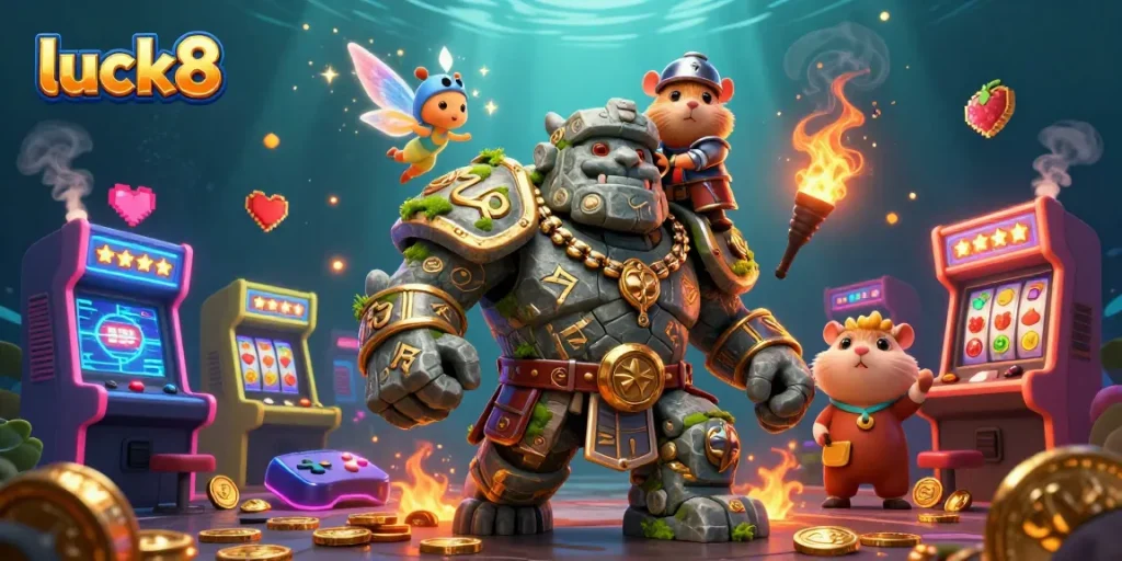 Experience thrilling luck8 gameplay with a guardian golem, magical fairy, and knight amidst vibrant casino elements.