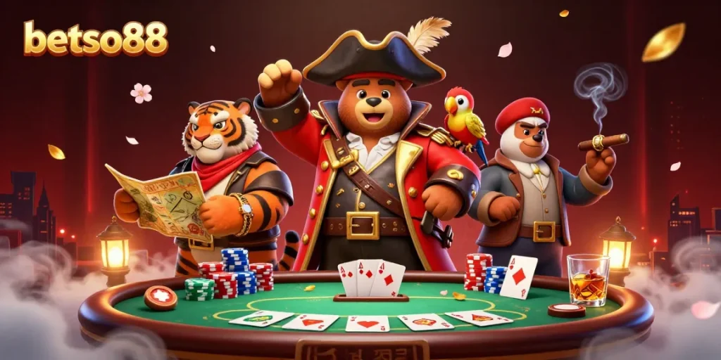 Engage in thrilling poker action with betso88 at the center of a vibrant 3D casino scene.
