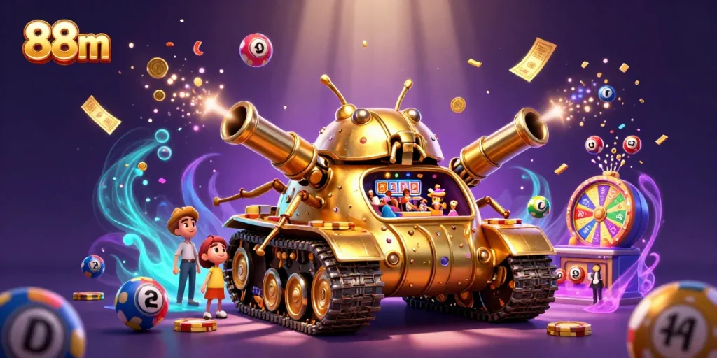 Enjoy thrilling gaming at 88m with vibrant scenes featuring dynamic lottery elements and a miniature casino.