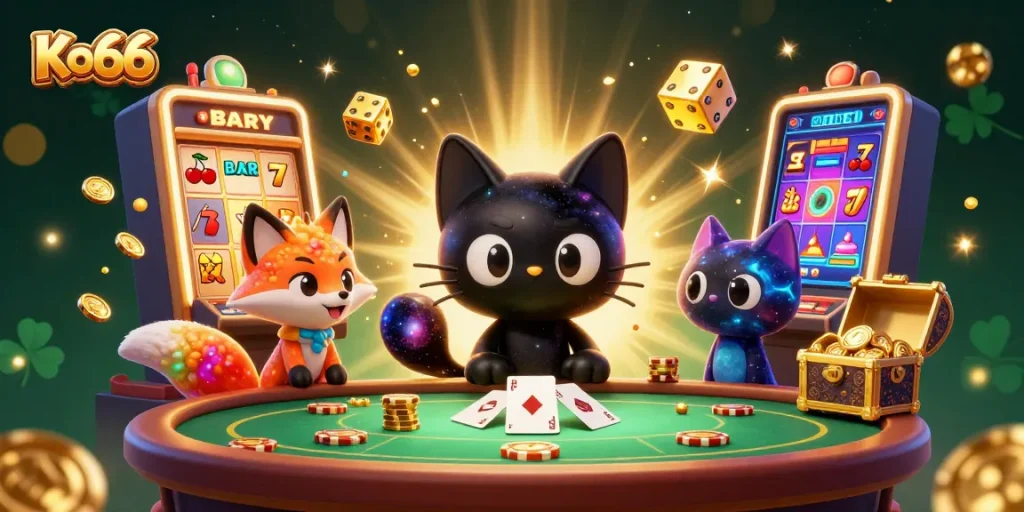 Experience thrilling gaming moments at Ko66's cosmic casino with vibrant characters and exciting elements.