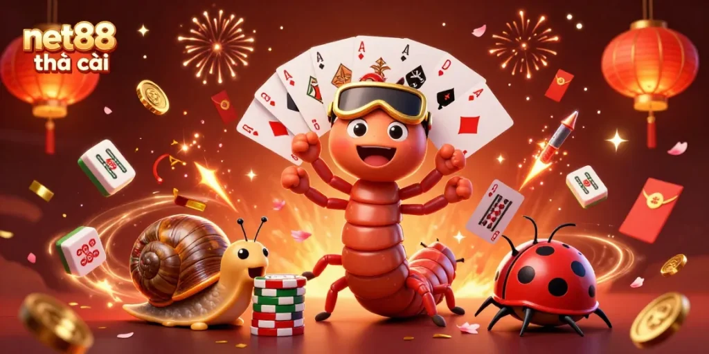 Engage with net88 nhà cái in a vibrant gambling scene featuring unique characters and dynamic casino elements.