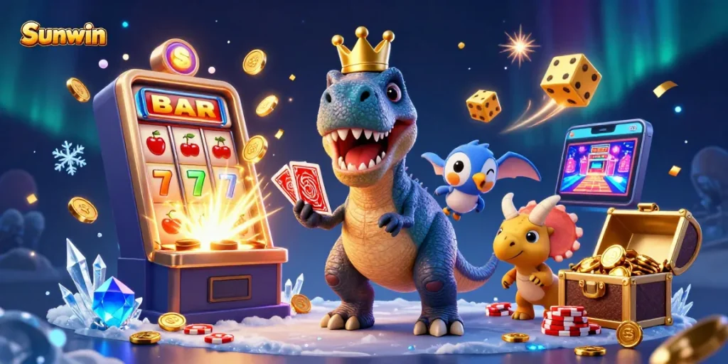 Sunwin offers exciting casino action as a T-Rex shuffles cards while a pterodactyl assists, with vibrant jackpot elements.