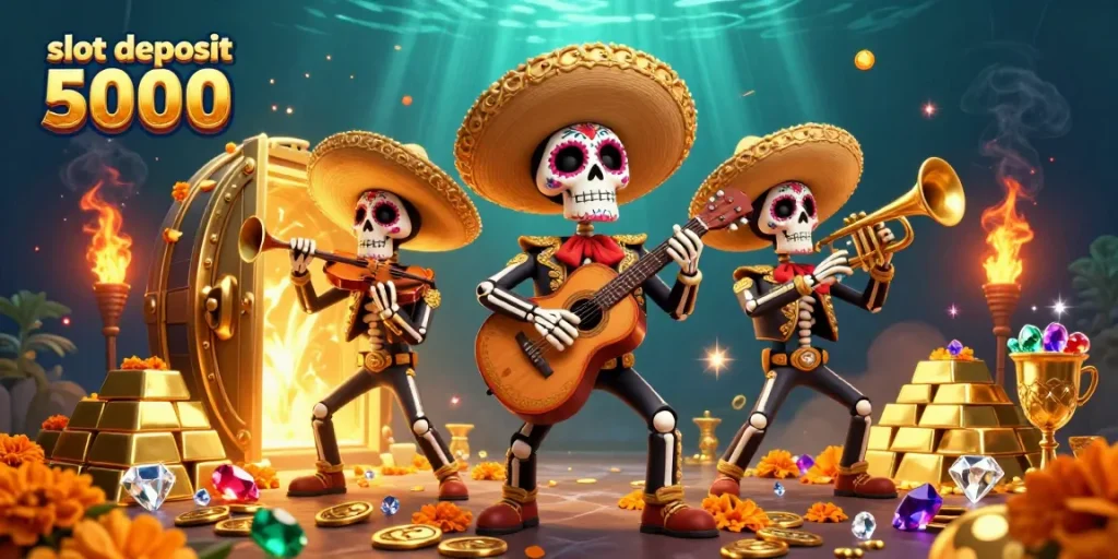 Experience the thrill of slot deposit 5000 with vibrant skeleton mariachi band and golden treasures surrounding them.