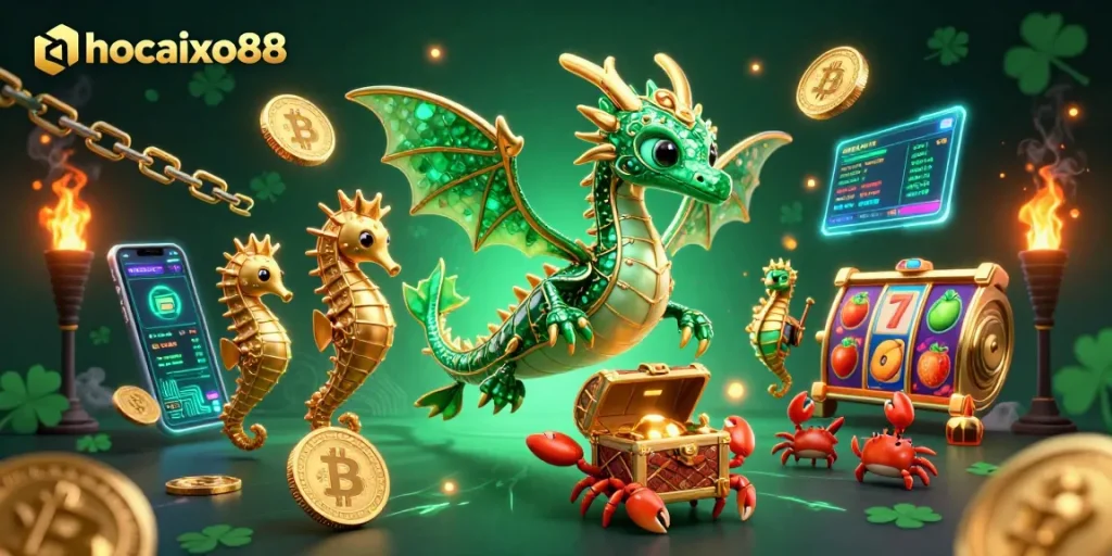 Experience stunning gameplay with nhacaixo88, featuring dazzling dragon visuals and vibrant crypto elements.