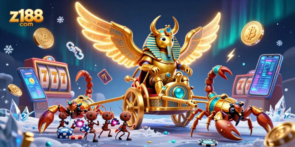 Spin the reels at z188 com with mythical characters in a vibrant casino-themed scene.