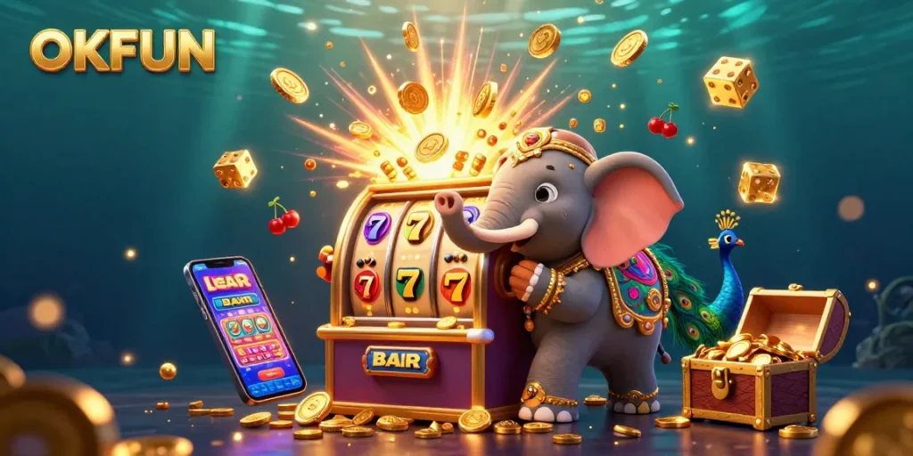 Experience thrilling gameplay at OKFUN with vibrant 3D animations of slot machines and jackpots.
