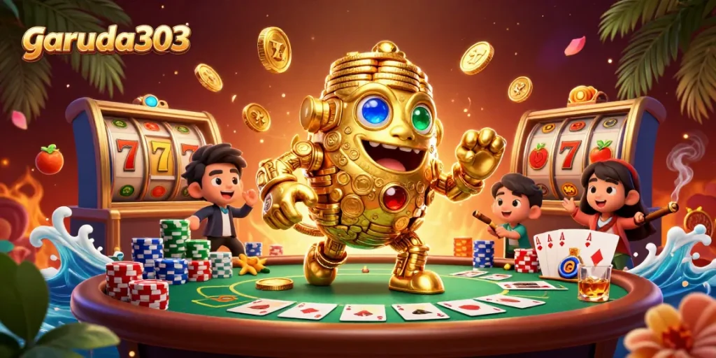 Experience the thrill of winning on garuda303 with a dynamic slot scene featuring golden golems and vibrant casino elements.
