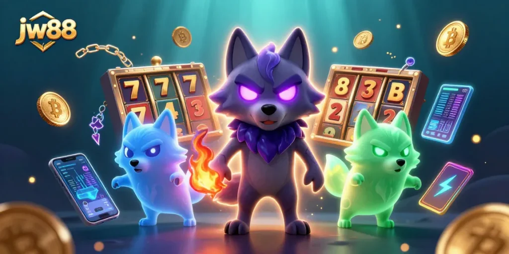 Spin jackpots at jw88 with vibrant slots held by spectral wolves in a mystical underwater realm.
