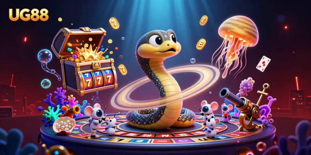 Engage with the thrilling world of UG88 through an energetic casino scene with dynamic gambling elements and vivid characters.