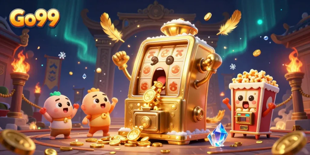 Experience the thrill of Go99 as the animated slot machine wins a jackpot amidst cheering friends and magical casino elements.