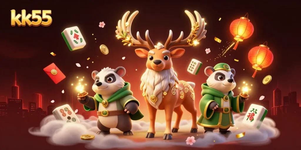 Experience thrilling gameplay at kk55 with a vibrant 3D illustration showcasing casino elements and mystical characters.