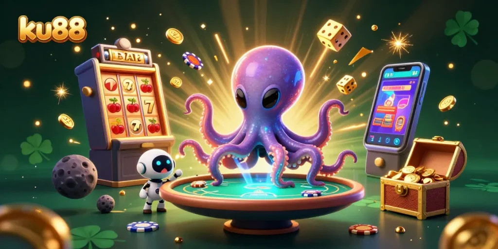 ku88 alien octopus plays poker in a vibrant 3D casino scene with jackpot explosions