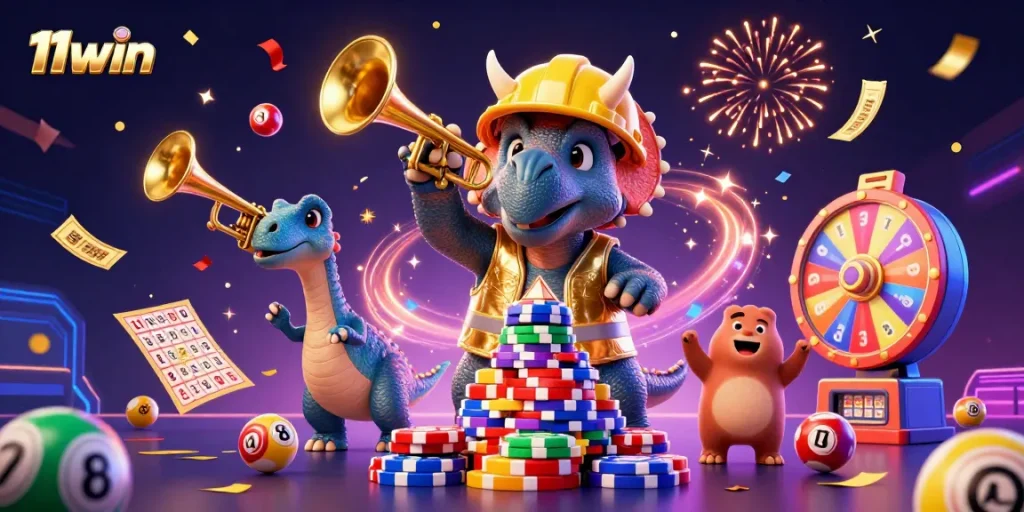 Celebrate wins with 11win in a vibrant 3D casino scene of excitement and fun!