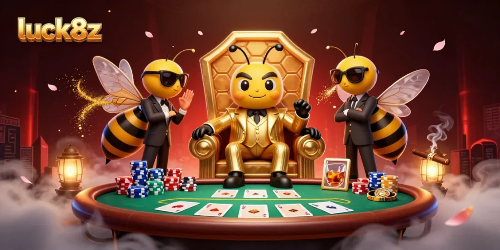 Engage in winning strategies at luck8z casino with a dynamic poker scene featuring characters and game elements.