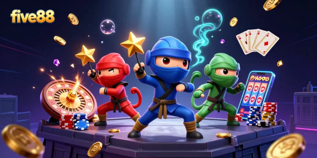 Join the five88 winning team of chameleon ninjas as they engage in a vibrant casino adventure!