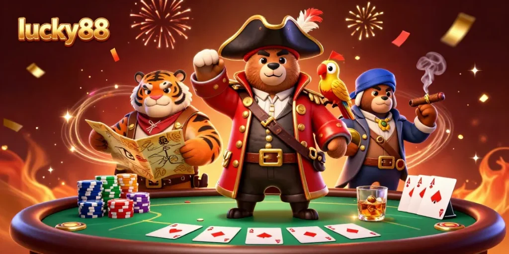 lucky88 showcases an exciting casino scene with cartoon pirate characters at a poker table.