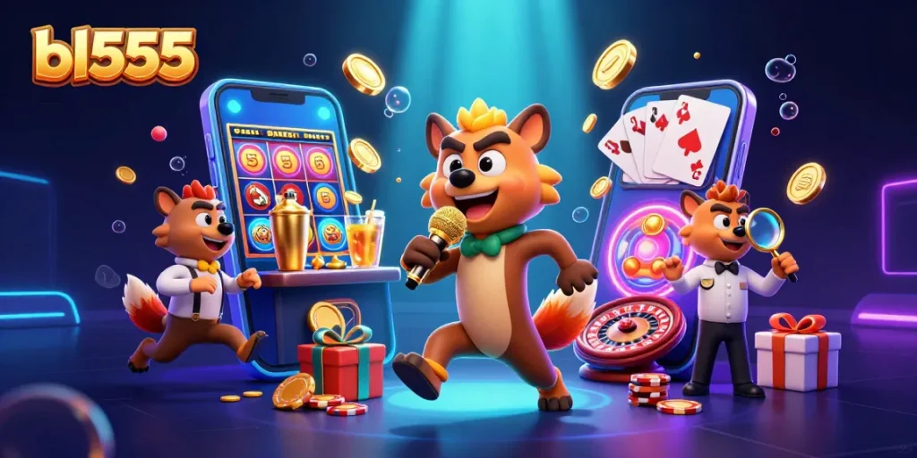 Experience the vibrant energy of bl555's comedy casino club, complete with hyenas and exciting game elements.