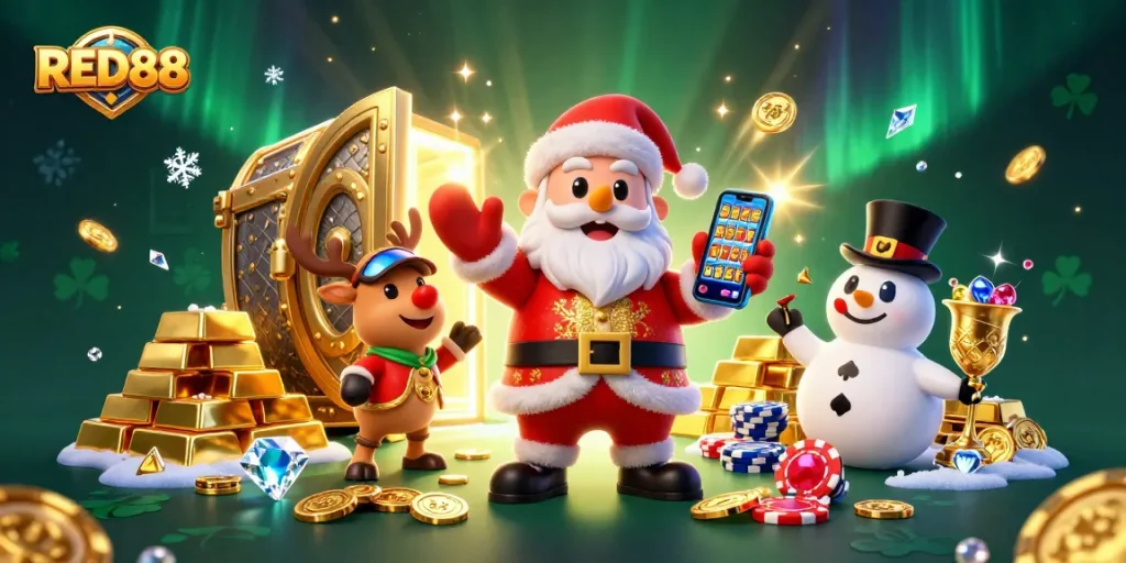 Experience jackpot thrills with RED88 in a festive casino illustration featuring Santa and friends.