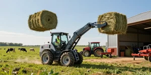 Best farm electric loader transporting hay bales in a vibrant agricultural setting with green fields.
