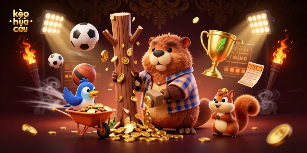 Bet on kèo nhà cái and collect golden coins in this vibrant sports betting illustration.