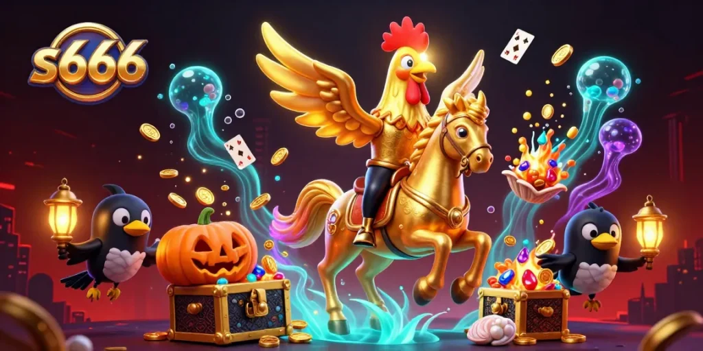 S666 golden rooster riding through a vibrant casino, exploding treasure chests and floating cards enrich the scene.
