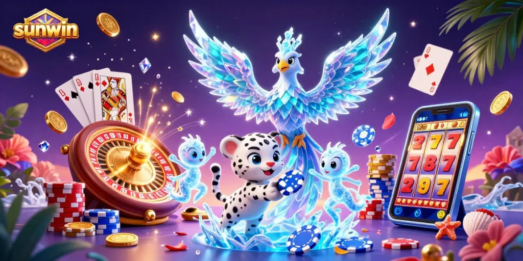 Experience exciting gameplay with sunwin as an ice phoenix and snow leopard cub celebrate casino wins amidst shimmering coins.